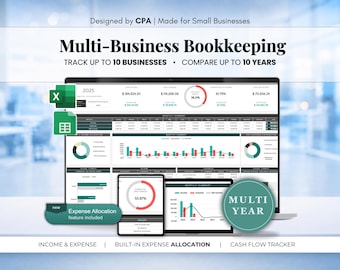 Multi Business Bookkeeping Spreadsheet Up to 10 Businesses Profit & Loss Income Expense Tracker Multi Year Excel and Google Sheets CPA
