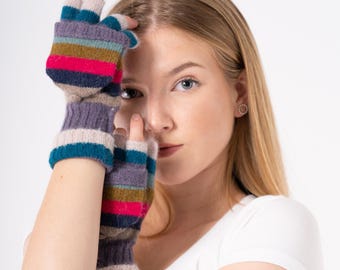 Blues Rainbow Stripe Knit Wool Angora Fingerless Gloves: Fold-Over Mittens