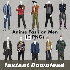 May include: Ten digital illustrations of anime men in various fashion styles. The men are wearing different clothing, including jackets, shirts, pants, and accessories. The illustrations are in a cartoon style and have a colorful and vibrant aesthetic. The text "Anime Fashion Men 10 PNGs" is at the top of the image, and the text "Instant Download" is at the bottom of the image.