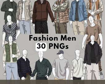 Può includere: Un'illustrazione digitale di 12 uomini che indossano diversi stili di abbigliamento. L'illustrazione è in stile cartone animato e presenta una varietà di colori e motivi. Il testo "Fashion Men 30 PNGs Instant Download" è in fondo all'immagine.
