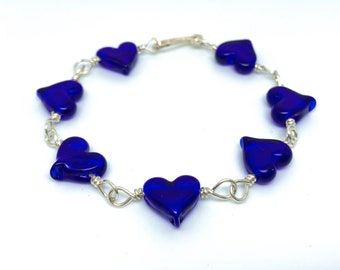 Cobalt Blue Mini Heart Flameworked Glass Bracelet with Sterling Wire