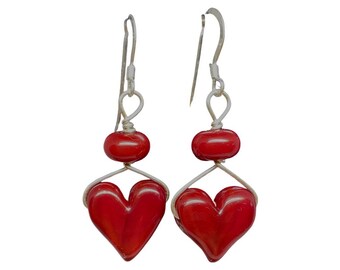 Red Mini Heart Flameworked Glass Earrings with Sterling Wire and Sterling Ear Wires
