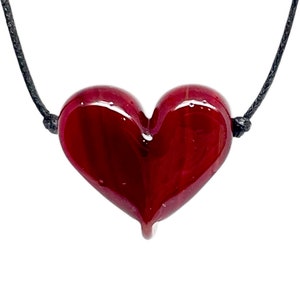 Dark Red Heart Flameworked Glass Necklace on an adjustable black cotton cord