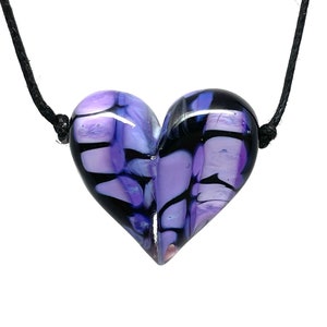Handmade Lampwork/Flamework Black with Purple Rose Bead on adjustable black cotton cord, Glass Heart Pendant, Minimalist Valentines Jewelry