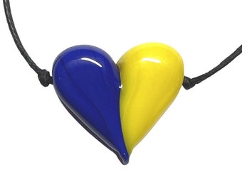 heart to heart fundraiser - Ukrainian Flag-inspired Flameworked Glass Heart Necklace - Yellow and Blue