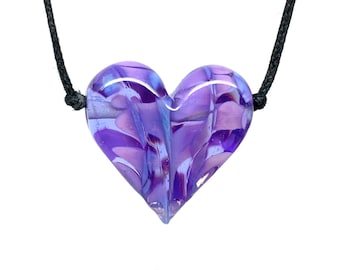 Dark Transparent Lavender with Purple Rose Confetti and Clear Flameworked Glass Heart Necklace on an adjustable black cotton cord