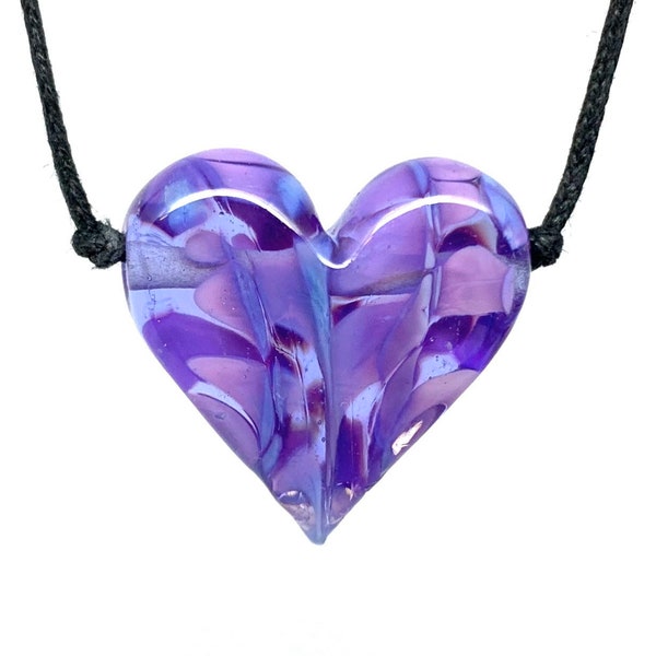 Dark Transparent Lavender with Purple Rose Confetti and Clear Flameworked Glass Heart Necklace on an adjustable black cotton cord