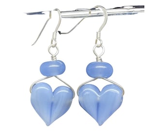 Periwinkle Blue Mini Heart Earrings - Flameworked Glass with Sterling Wire and Sterling Ear Wires