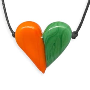 University of Miami - Orange and Green Flameworked Glass Heart Necklace on an adjustable black cotton cord