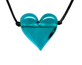 Dark Teal Transparent Heart Flameworked Glass Necklace on an adjustable black cotton cord