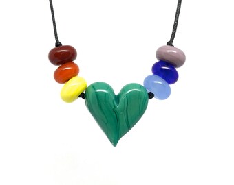 Heart with Rainbows Flameworked Glass Necklace or Bracelet on an adjustable black cotton cord