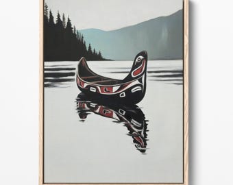 Lámina artística de una canoa de la costa noroeste, estilo indígena haida (descarga digital)
