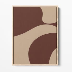 Op de afbeelding: Een rechthoekig wandkunstwerk met grote, organische, gebogen vormen in donkerbruin en lichtbeige. Het kunstwerk is gevat in een lichtgekleurde houten lijst en toont een gladde, vlakke compositie met een duidelijk contrast tussen de twee kleuren.