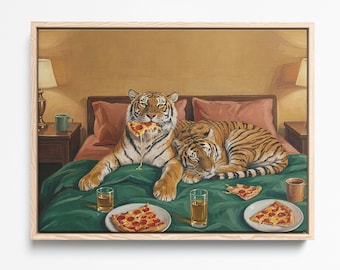Tigres comiendo pizza en la cama, impresión artística surrealista (descarga digital)