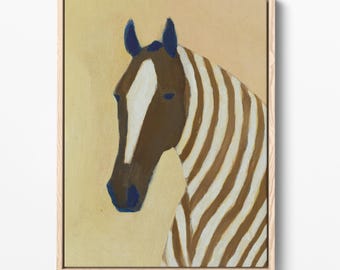 Impresión artística de caballo con rayas de cebra, decoración infantil en tonos tierra (impresión digital)