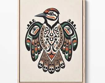 Cuadro decorativo de pájaro carpintero, lámina de aves tribales del noroeste del Pacífico, decoración de estilo nativo con tonos tierra (descarga digital)