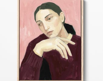 Retrato figurativo, arte mural femenino moderno, color borgoña rosado (descarga digital)