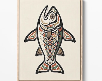 Estampado de salmón del noroeste del Pacífico, arte de peces al estilo indígena (descarga digital)