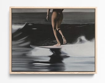 Lámina minimalista de surfista: Decoración de pared de casa de playa en blanco y negro (descarga digital)