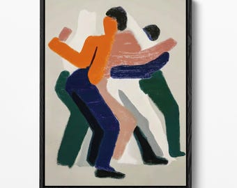 Könnte beinhalten: Ein gerahmter Wandkunstdruck mit einer abstrakten Illustration von drei Figuren in Bewegung. Die Figuren sind in kräftigen, texturierten Strichen in Orange, Dunkelblau, Altrosa, Weiß und Dunkelgrün auf hellgrauem Hintergrund dargestellt.