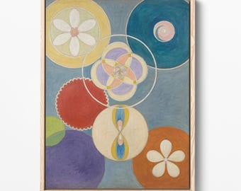 Pintura abstracta vintage, estampado circular geométrico místico, obra de arte botánica bohemia (descarga digital)