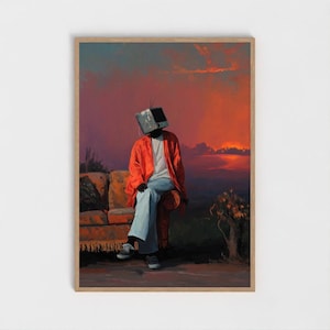 Surreal TV Head Art Print: Retro Man Portrait at Sunset