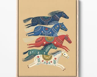 Lámina de caballo de arte popular, decoración infantil escandinava, ilustración animal caprichosa (descarga digital)