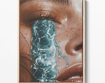Retrato surrealista de mujer llorando, arte de lágrimas azules etéreas (descarga digital)