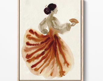 Lámina de mujer en acuarela de terracota, arte minimalista de bailarina de flamenco (descarga digital)