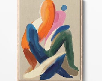 Lámina artística abstracta de pareja abrazándose, decoración moderna de mediados de siglo (descarga digital)