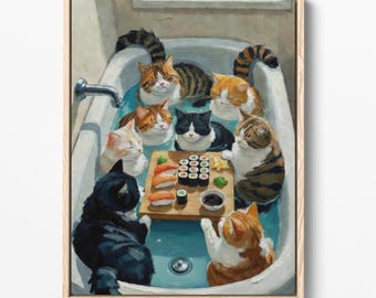 Lámina decorativa de gatos con sushi para el baño, lámina original para bañera, decoración felina peculiar para el baño (descarga digital)