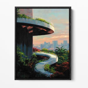 May include: A framed painting depicting a curved, elevated concrete walkway winding through lush green foliage and trees. The structure features a multi-level design with soft sunset lighting illuminating the distant city skyline in the background.