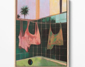 Lámina artística de baño moderno de mediados de siglo, azulejos verdes retro, trajes de baño (descarga digital)