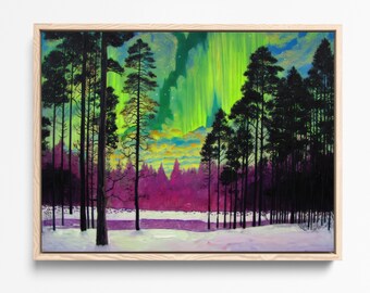 Póster Aurora Pines, decoración de bosque nevado, pintura de naturaleza vibrante (descarga digital)