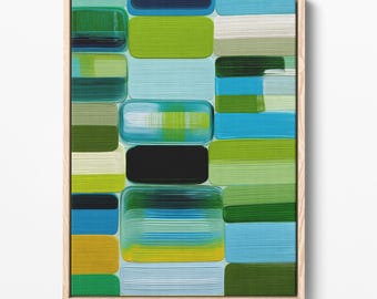 Blauwe en groene geometrische print, moderne muurkunst uit het midden van de eeuw (digitale download)