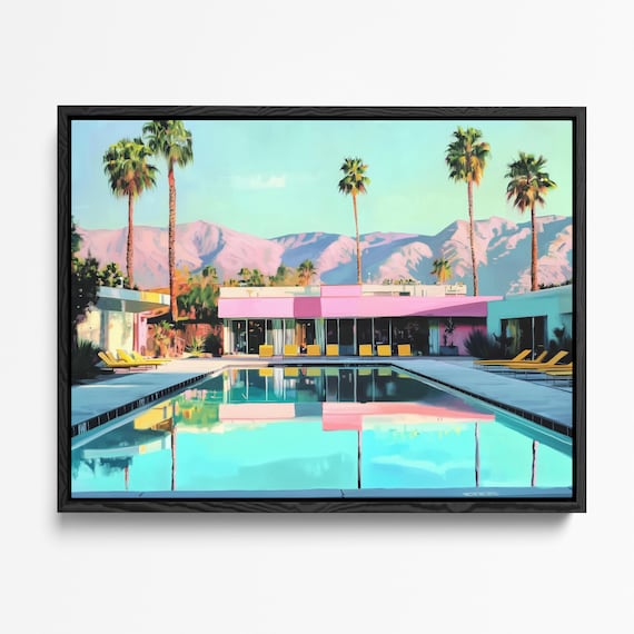 Palm Springs Print, Pink Mid Century Modern Poolside Art (digital
