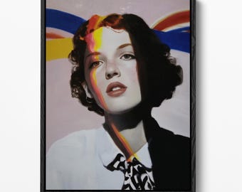 Arte abstracto de mujer para pared, retrato surrealista y colorido, lámina femenina moderna, decoración ecléctica para habitaciones (descarga digital)