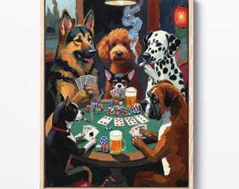 Arte de perros jugando al póker, divertidos dibujos de perros para la pared, lienzo para sala de juegos (descarga digital)