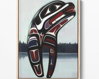 Lámina artística de Cuervo de la Costa Noroeste: Paisaje costero indígena (descarga digital)