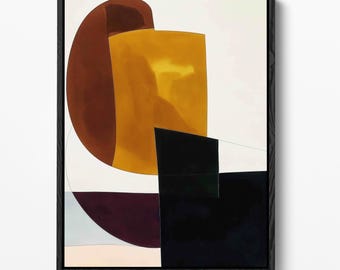 Puede incluir: Una pieza de arte mural abstracto enmarcada que presenta una composición de formas geométricas en marrón oscuro, amarillo mostaza, negro y crema suave. La obra está en un marco negro fino con acabado de veta de madera.