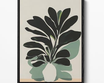 ミッドセンチュリーモダンスタイルの植物モチーフのセージグリーンウォールアート（デジタルダウンロード）