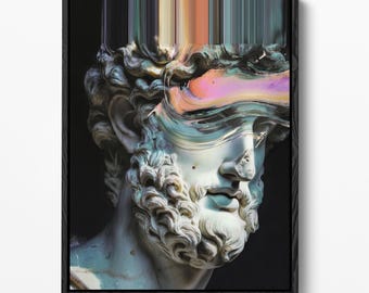 Glitch Art Greek Statue Print, Classical Bust Wall Art, Vaporwave Cyberpunk Decor (Digital Download)