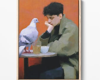 Lámina artística de "Hombre pensativo y paloma", decoración de pared moderna de mediados de siglo (descarga digital)