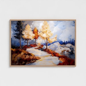 Autumn Landscape Print | Impressionist Tree Painting | Textured Fall Wall Decor | Golden Forest Path | Digital Download