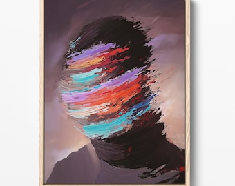 Arte mural abstracto con retrato, impresión digital del Hombre sin Rostro, póster colorido con espátula (descarga digital).
