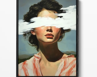 Op de afbeelding: Een ingelijst portretschilderij van een persoon met donker haar, gekleed in een perzik en wit gestreept overhemd. Een dikke, horizontale streep witte verf bedekt de ogen en de neusbrug tegen een gedempte blauwe en groene achtergrond.