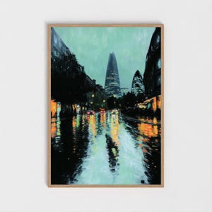 Rainy City Street Print | Moody Urban Landscape Art | Modern Cityscape Painting | Blue and Orange Decor | Digital Download