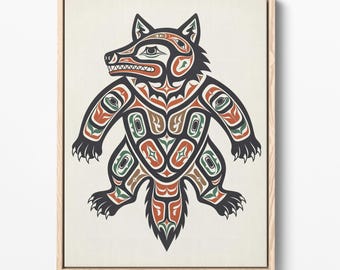 Estampado de lobo Formline, arte tribal del noroeste del Pacífico, decoración de cabaña con temática de bosque (descarga digital)