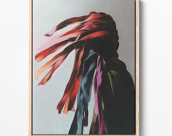 Cuadro abstracto con retrato de cinta, estampado surrealista en tela roja y azul (descarga digital)