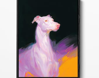 Lámina artística de galgo a todo color, retrato vibrante de perro whippet, arte abstracto neón de mascotas (descarga digital)